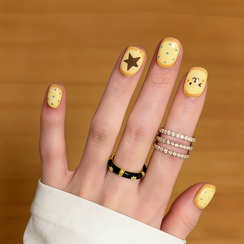 Sunny Delight Short Square Yellow Nail Set with Playful Star Design