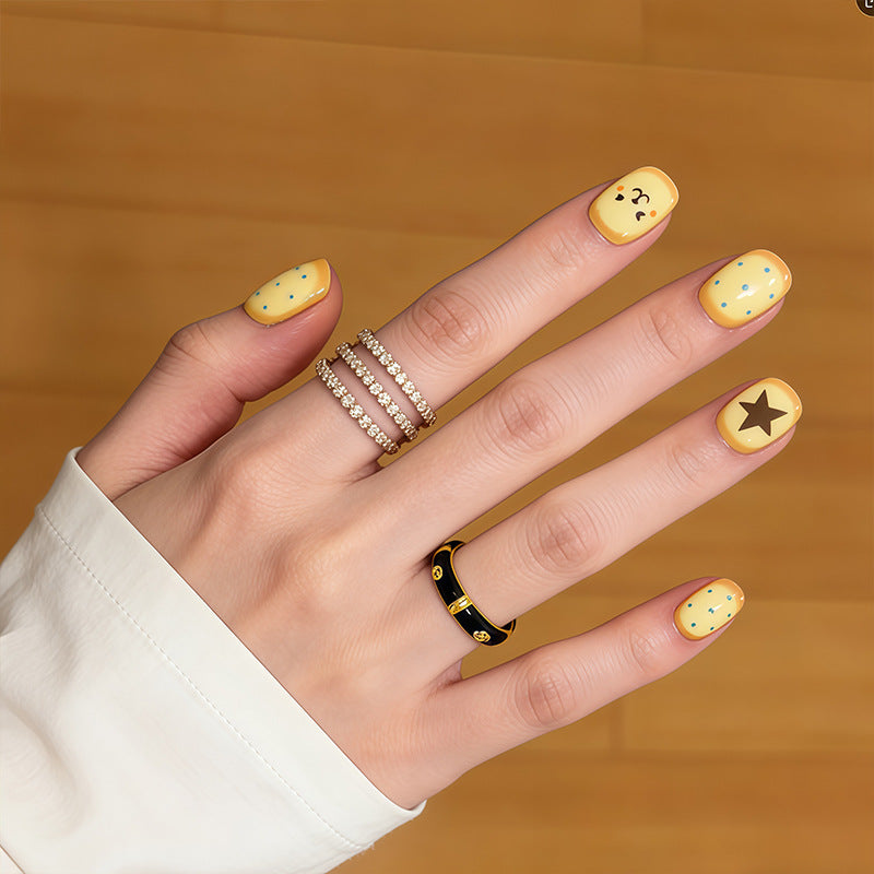 Playful Sunshine Short Square Yellow Press On Nail Set with Fun Star and Dot Design
