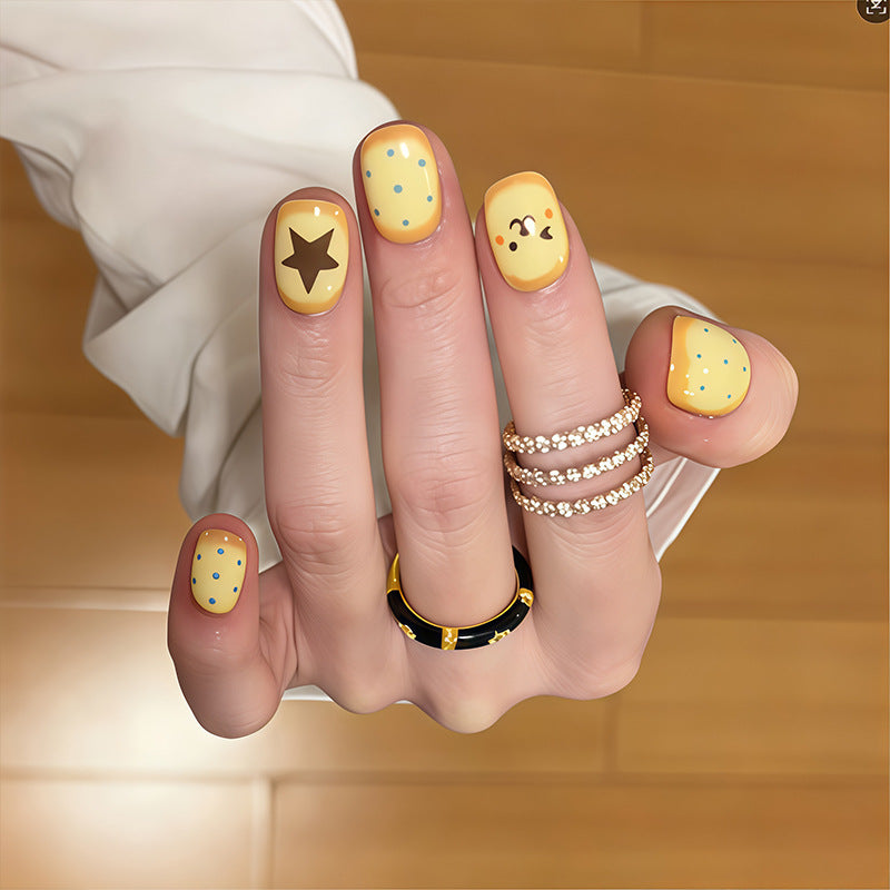 Sunny Daydream Short Square Yellow Nail Set with Fun Character Designs and Colorful Accents