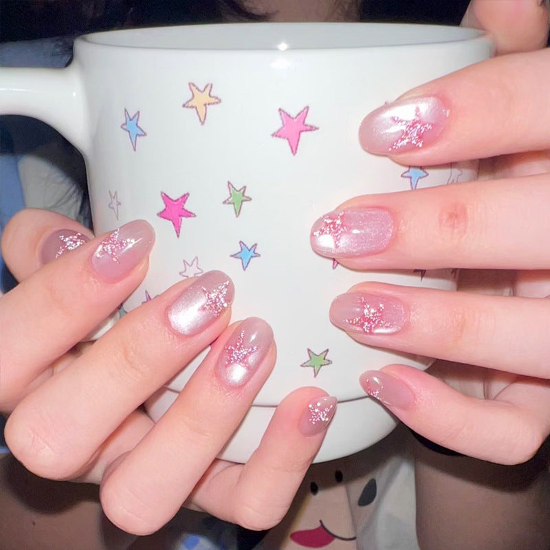 Starry Dream Short Round Metallic Glitter Press On Nail Set