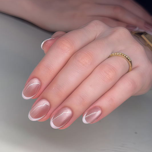 Chic Elegance Short Almond Clear Pink Design Press-On Nail Set with Glossy Finish