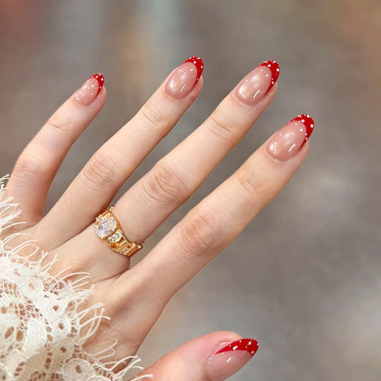Charming Summer Vibes Short Almond Red with White Dots Unique Design Press-on Nail Set