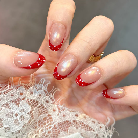 Charming Strawberry Design Medium Almond Red with Polka Dots and Iridescent Shine Press On Nail Set