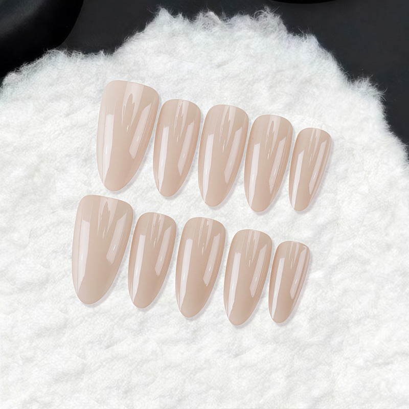 Glamorous Elegance Long Almond Soft Beige Glossy Press On Nail Set with Unique High Shine Finish