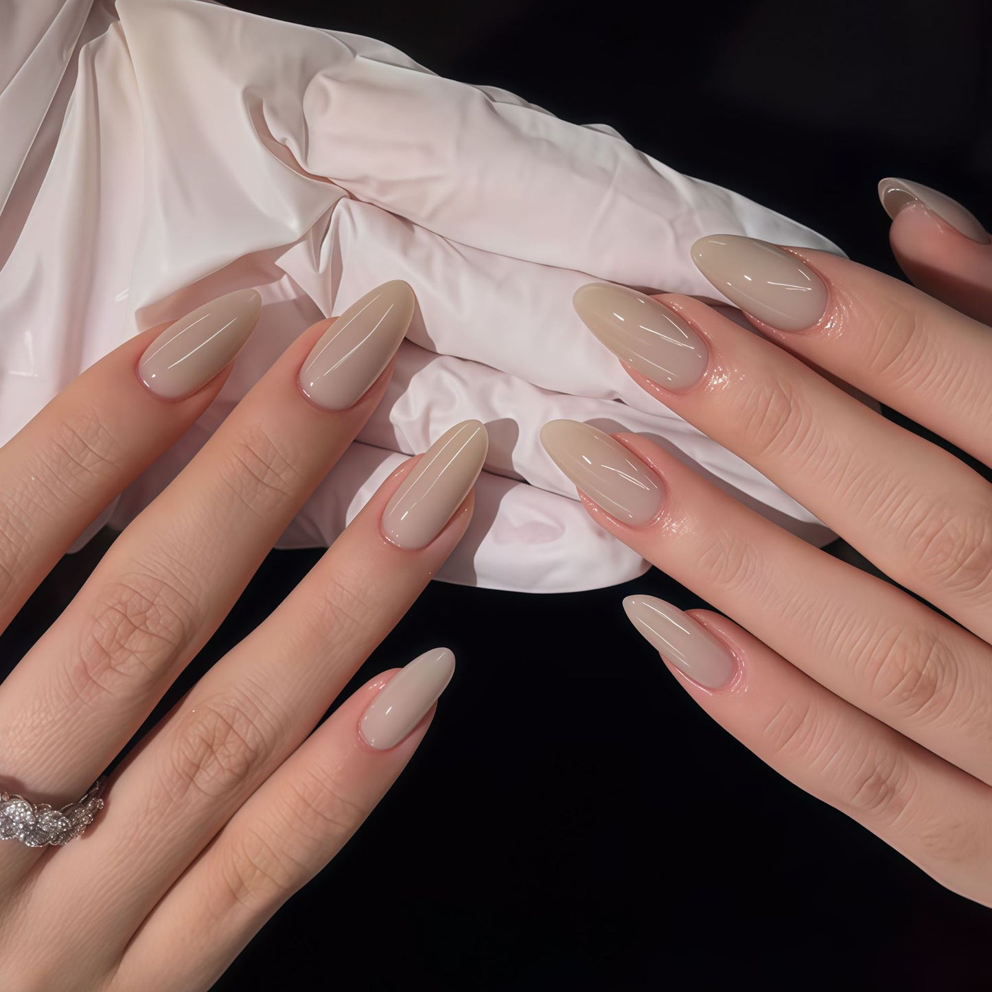 Elegant Essence Long Almond Shaped Beige Press On Nail Set with High Gloss Finish