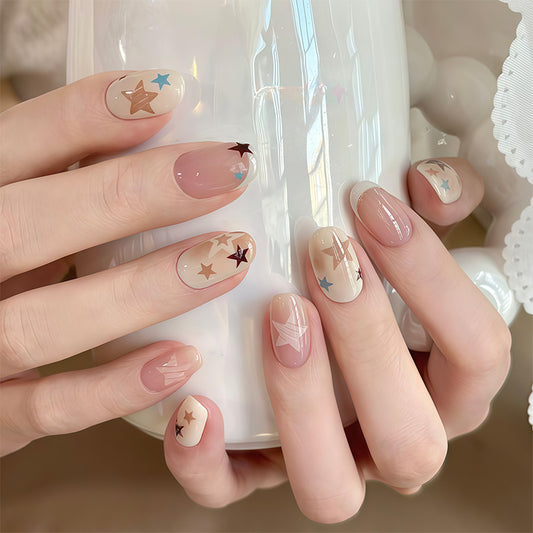 Celestial Dream Short Oval Beige Press on Nail Set with Stars and Glittering Accents