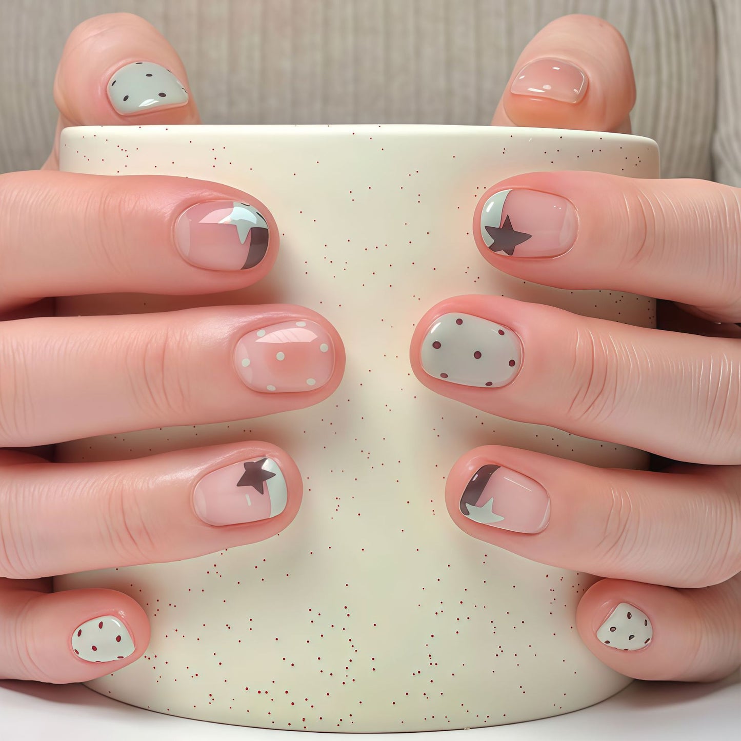 Dreamy Pastel Short Oval Press-On Nail Set with Gentle Gray and Soft Pink Designed with Fun Star and Dot Patterns