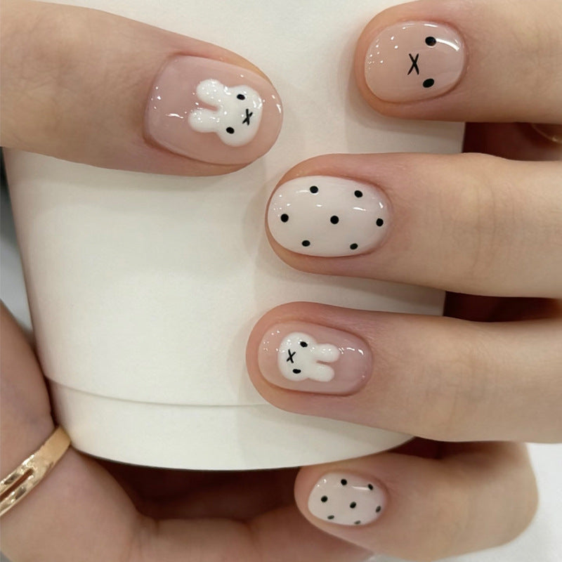 Bunny Bliss Short Round White with Adorable Bunny Designs Press on Nail Set