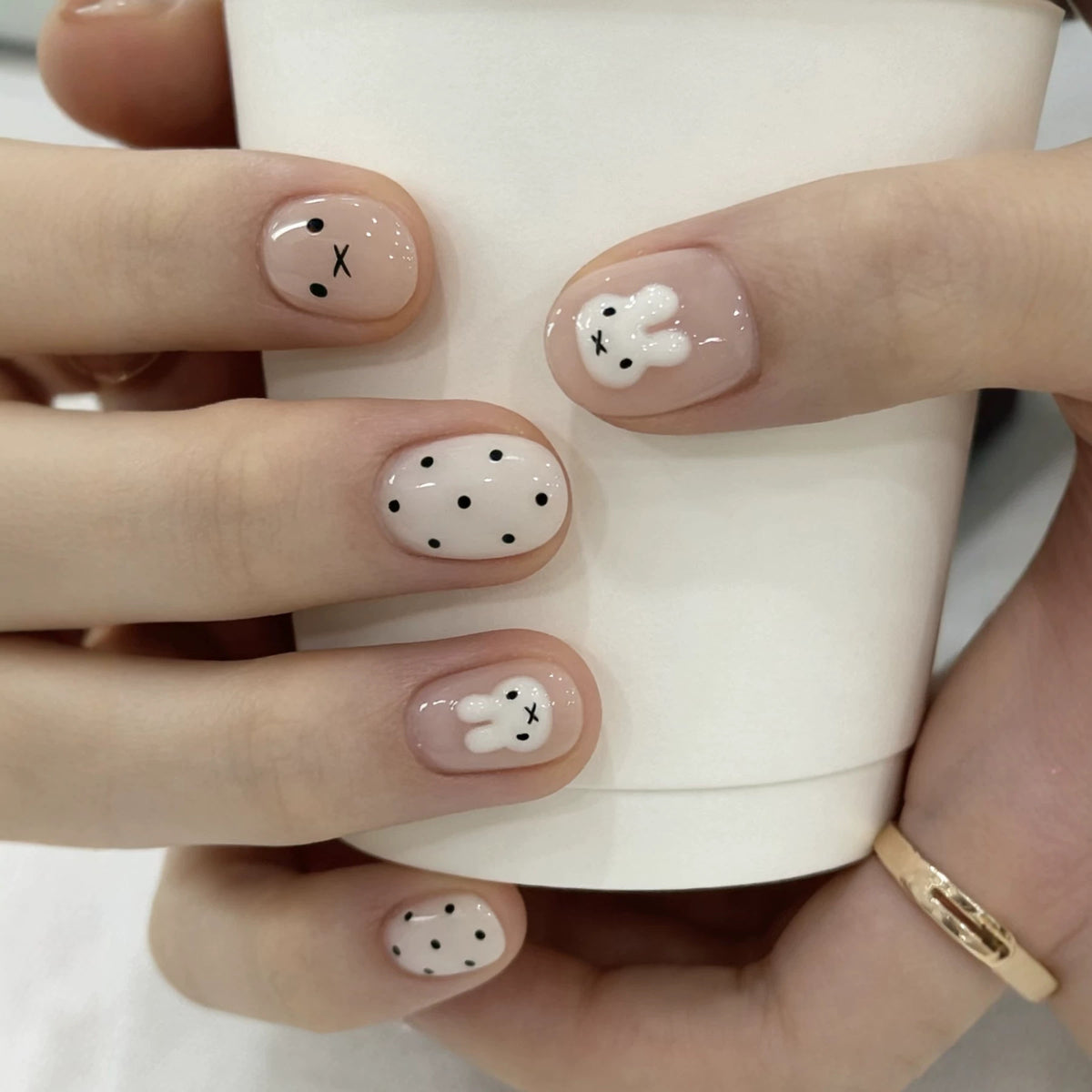 Cute Bunny-Themed Short Round White and Black Polka Dot Nail Set