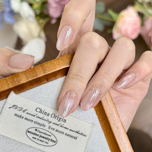 Blossom Elegance Medium Oval Beige Press On Nail Set with Glossy Finish