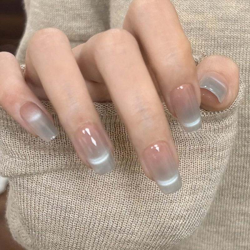Elegant Ocean Breeze Long Square Ombre Beige and Blue Gradient Press On Nail Set with Glossy Finish
