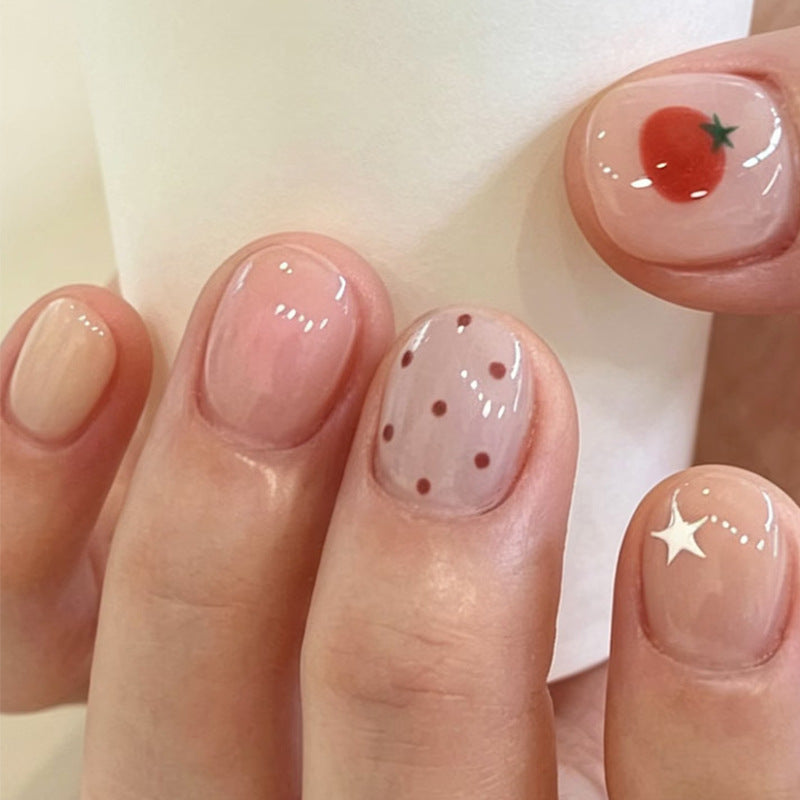 Whimsical Strawberry Short Round Nail Set with Polka Dot and Star Accents