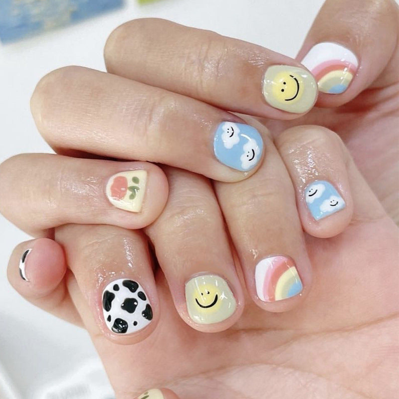 Joyful Sunshine Short Square Pastel Rainbow Smiley Face Nail Press Set