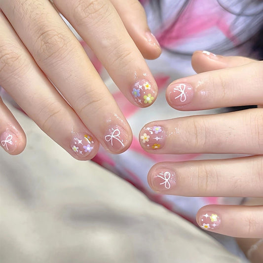 Whimsical Floral Short Square Press On Nail Set with Colorful Flower and Bow Designs
