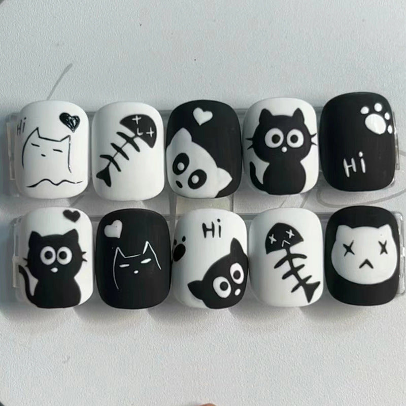 Whimsical Cat and Panda Short Squoval Black and White Nail Set with Playful Illustrations