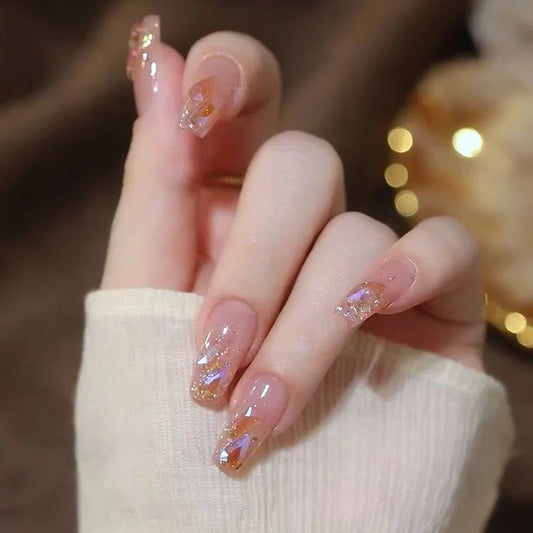 Glamorous Elegance Long Coffin Peach with Shimmering Iridescent Accents Press On Nail Set