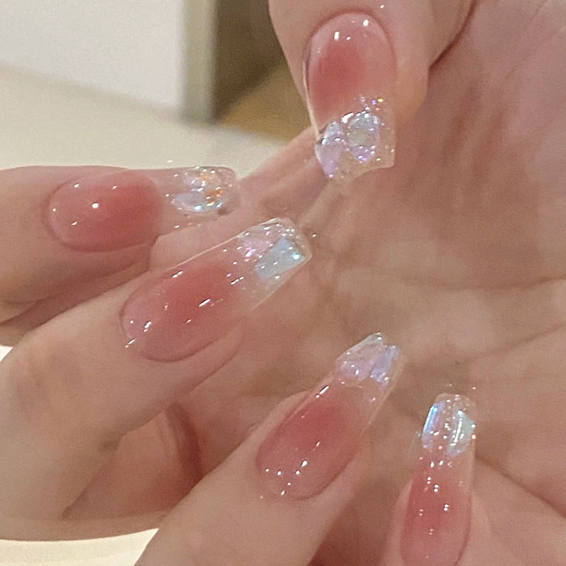 Whimsical Elegance Long Coffin Blush Pink with Iridescent Glitter Tips Press-On Nail Set