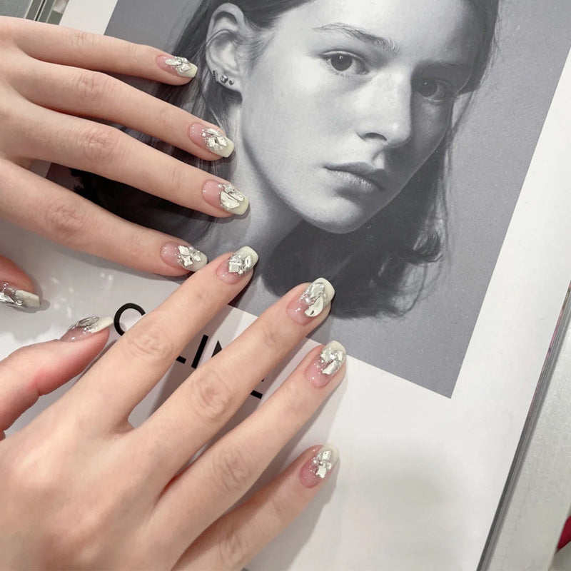 Elegant Dreamscape Press On Nail Set Short Square Shaped White with Silver Marble Design