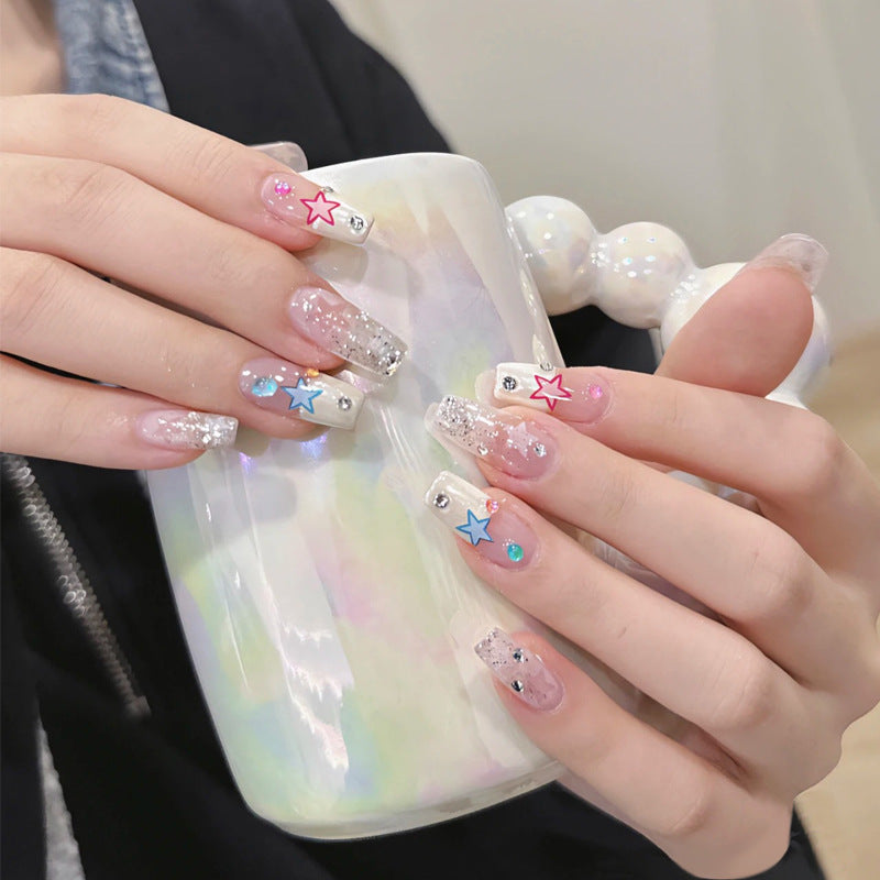 Galactic Glamour Long Coffin Gradient Pink and Clear Press on Nail Set with Sparkling Star Accents