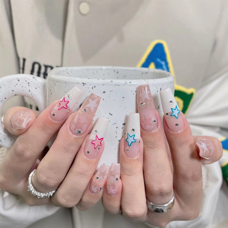Celestial Stars Long Coffin White and Pink with Sparkling Star Accents Press On Nail Set