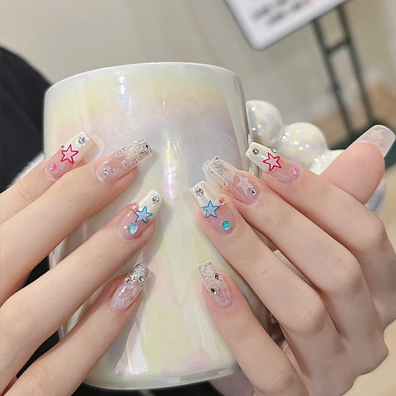 Celestial Dream Long Coffin Clear with Colorful Star Accents and Sparkling Glitter Press-On Nail Set