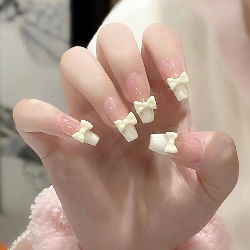 Charming Whimsical Press on Nail Set Long Coffin Pink with Adorable Bow Embellishments