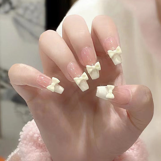 Charming Whimsical Press on Nail Set Long Coffin Pink with Adorable Bow Embellishments