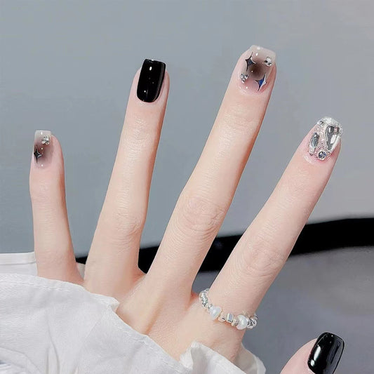 Celestial Glamour Medium Square Black and Transparent Ombre Nails with Sparkling Gemstone Accents