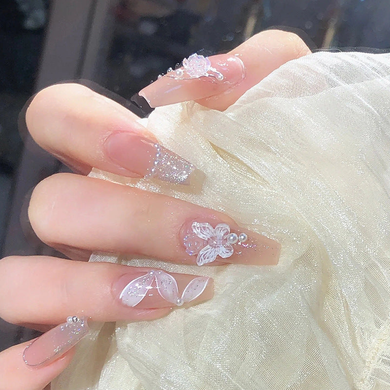 Glamorous Fairy Garden Long Coffin Transparent Acrylic Press On Nail Set with Sparkling Floral Accents