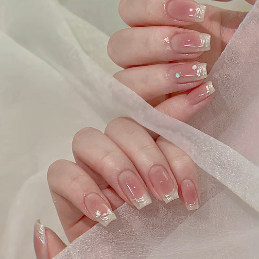 Elegant Dream Catcher Press On Nail Set Medium Square Blush Pink with Shimmering White Tips and Gemstone Accent