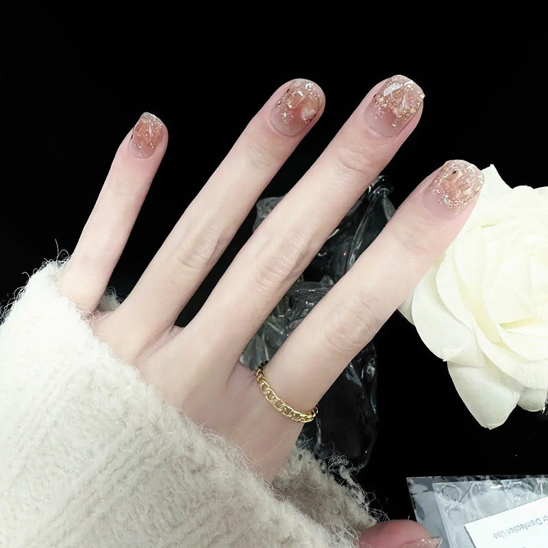 Glamorous Elegance Short Squoval Beige with Shimmering Gold Accents Press on Nail Set