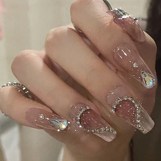 Glamorous Love Story Long Coffin Pink Transparent Nails with Sparkling Heart Accents
