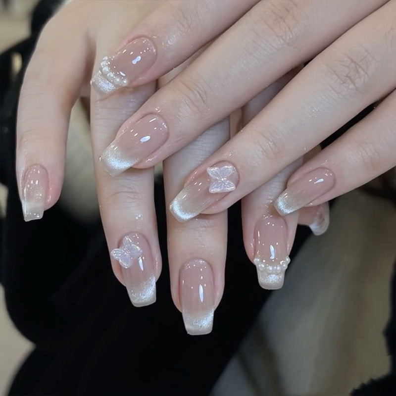 Delicate Elegance Long Coffin Pink Ombre with Charming Butterfly Accents Press On Nail Set