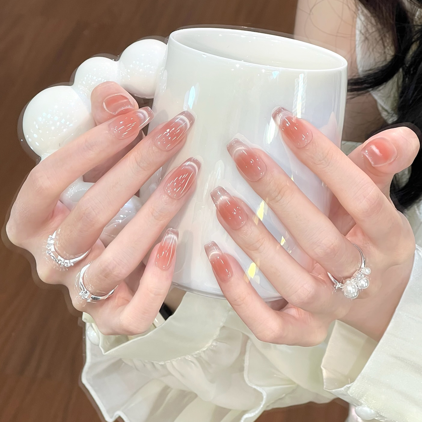 Elegant Rose Garden Long Coffin Transparent Ombré Nail Set for Effortless Glamour