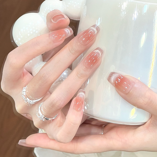 Whimsical Elegance Long Coffin Blush Pink with Shimmering Beige French Tips Press On Nail Set