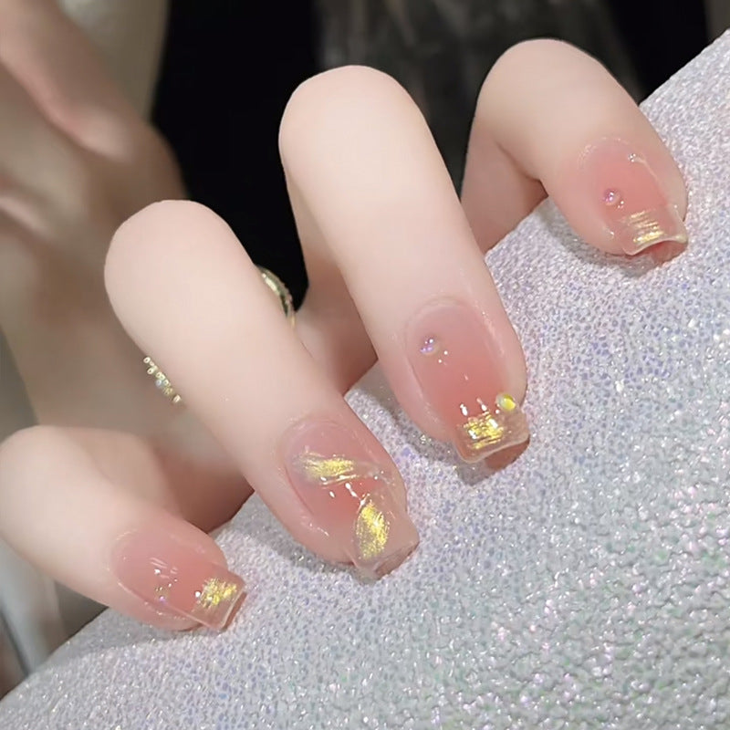 Golden Elegance Medium Square Beige Color Press On Nail Set with Eye-Catching Gold Foil Design