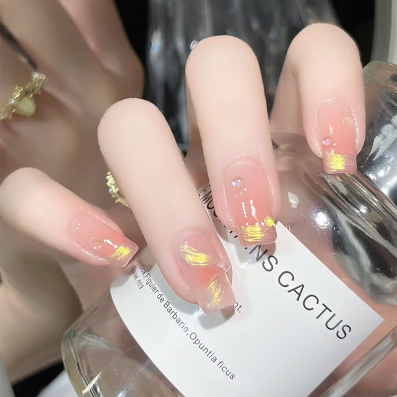 Desert Sunrise Elegance Medium Square Peach with Golden Swirls and Dazzling Gems Press on Nail Set