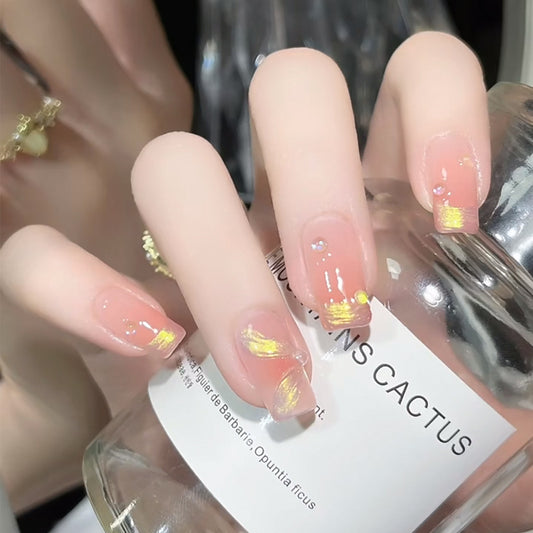 Desert Sunrise Elegance Medium Square Peach with Golden Swirls and Dazzling Gems Press on Nail Set