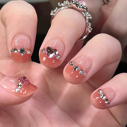 Glamorous Elegance Short Oval Pink Press on Nails with Dazzling Gem Accents