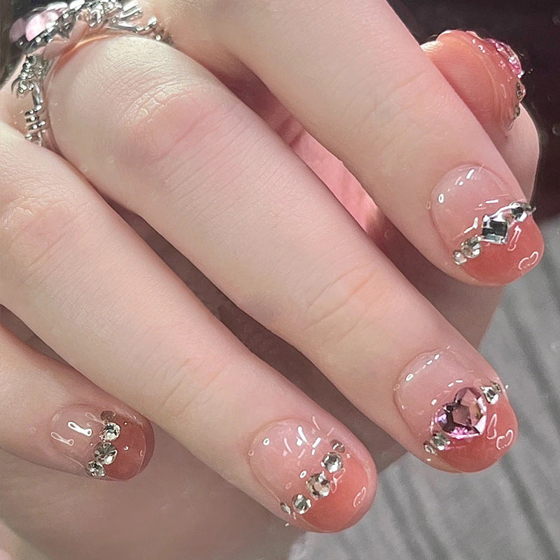 Glamorous Coral Short Squoval Press-On Nail Set with Stunning Crystal Accents