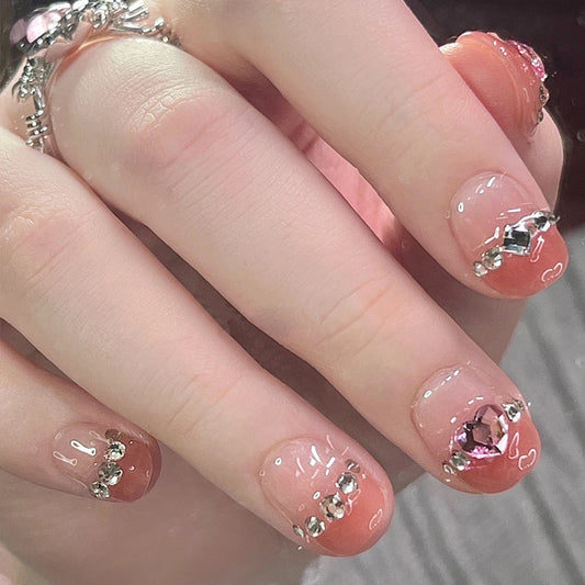 Glamorous Coral Short Squoval Press-On Nail Set with Stunning Crystal Accents