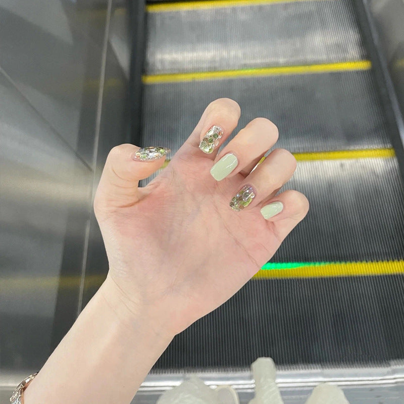 Whimsical Forest Inspired Medium Square Green Nail Set with Sparkling Accent Design