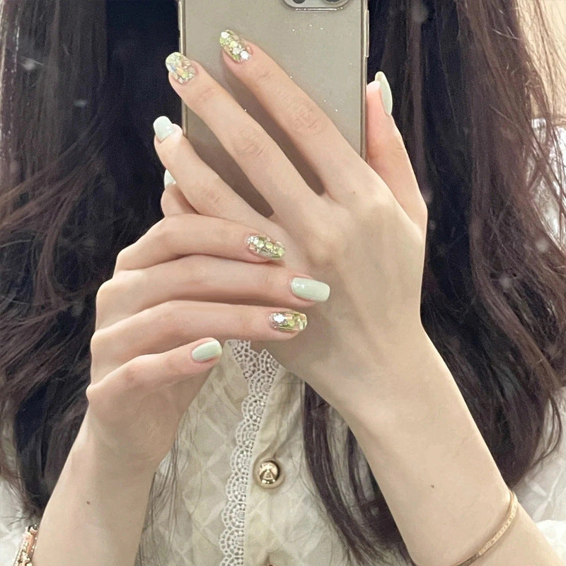 Whimsical Garden Dream Medium Square Mint Green with Dazzling Gem Accents Press On Nail Set