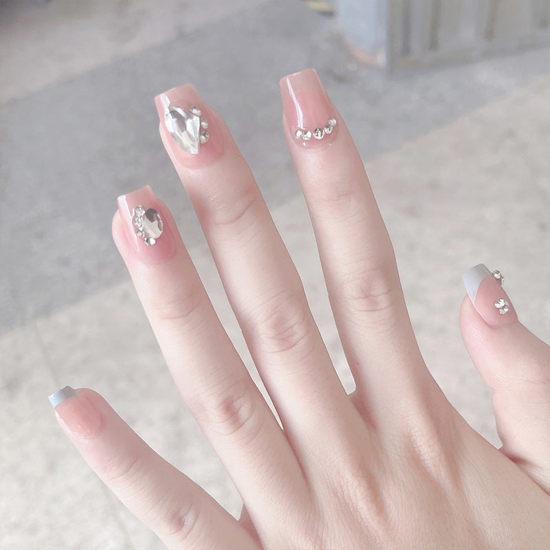 Chic Glamour Short Square Press On Nails in Elegant Pink with Dazzling Rhinestones