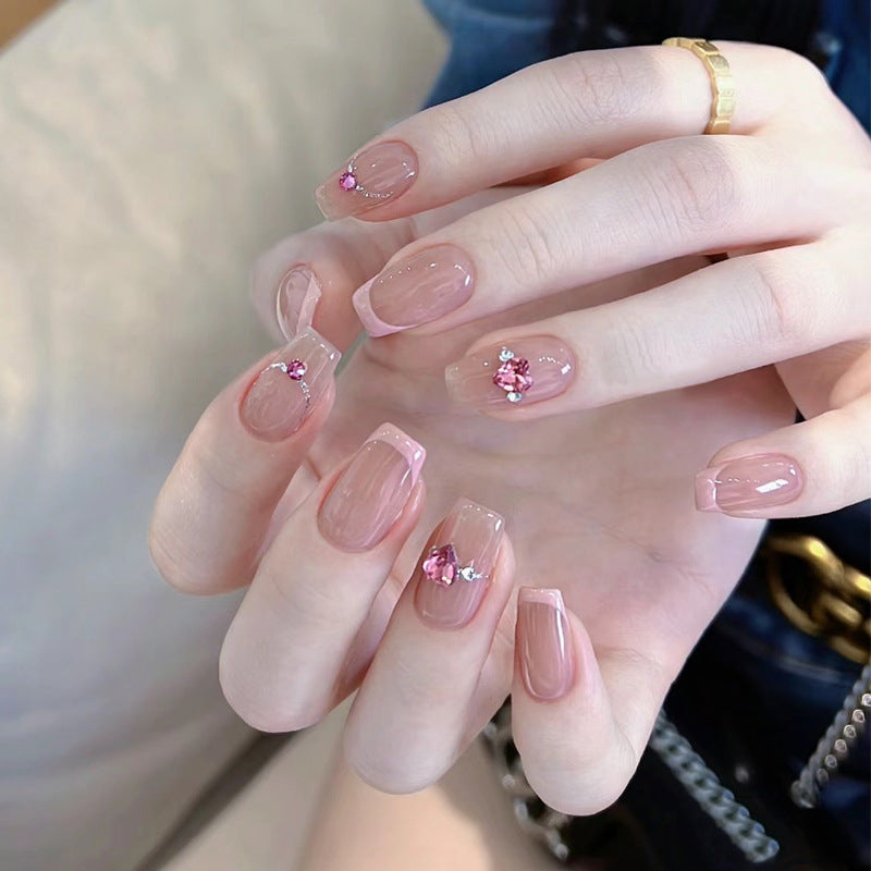 Enchanted Elegance Short Square Pink Glossy Press-On Nail Set with Sparkling Floral Accents
