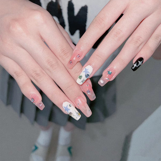 Celestial Dreams Long Coffin Multicolored Press On Nail Set with Glittering Star Accents