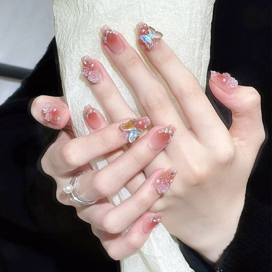 Whimsical Blossom Dream Long Coffin Pink with Floral and Butterfly Accents Press on Nail Set