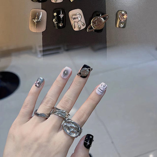Cosmic Glamour Press-on Nail Set Short Square Black and Beige with Celestial Charms