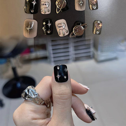 Celestial Charm short Square Black with Star Accents Press On Nail Set