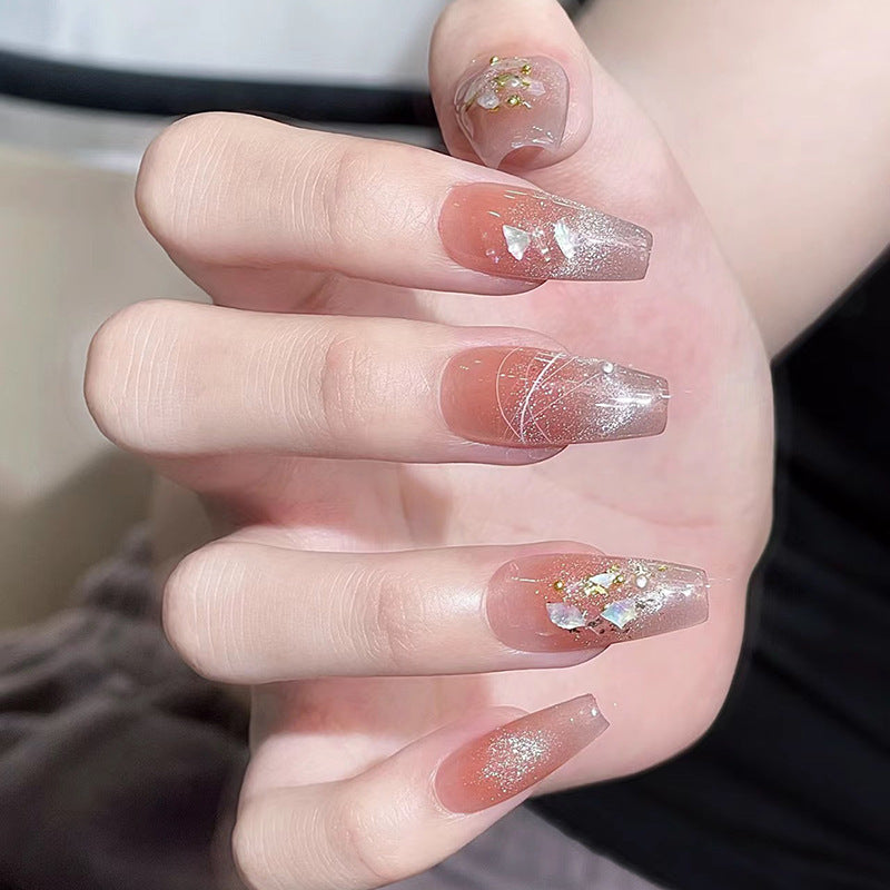 Whimsical Garden Long Coffin Shape Blush Pink Color Sparkling Floral Accent Press On Nail Set